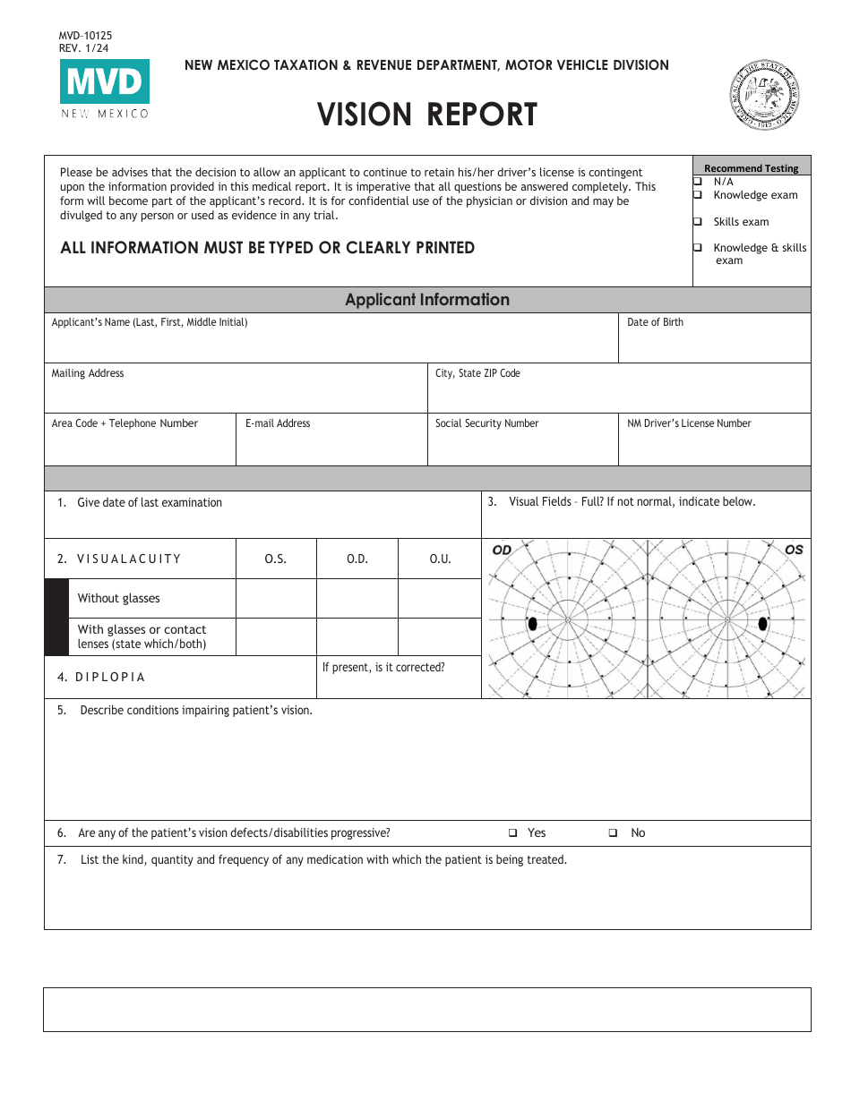 Form MVD-10125 Vision Report - New Mexico, Page 1