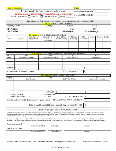 ADFA Form 517 Addendum to Tenant Income Certification - Arkansas