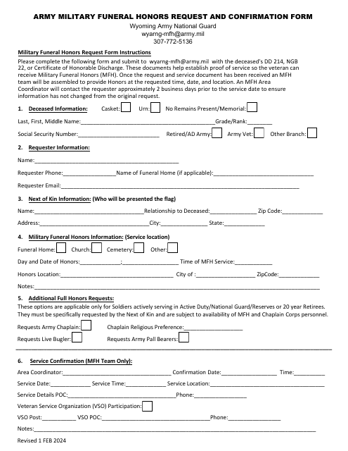 Army Military Funeral Honors Request and Confirmation Form - Wyoming