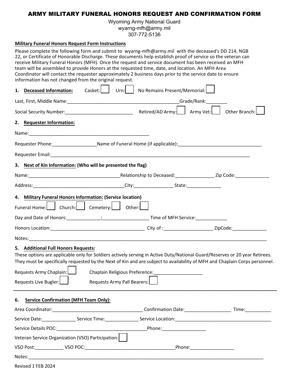 Army Military Funeral Honors Request and Confirmation Form - Wyoming, Page 1