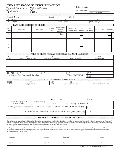 ADFA Form 500 Tenant Income Certification - Arkansas