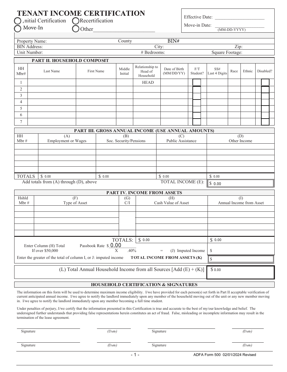 ADFA Form 500 Tenant Income Certification - Arkansas, Page 1