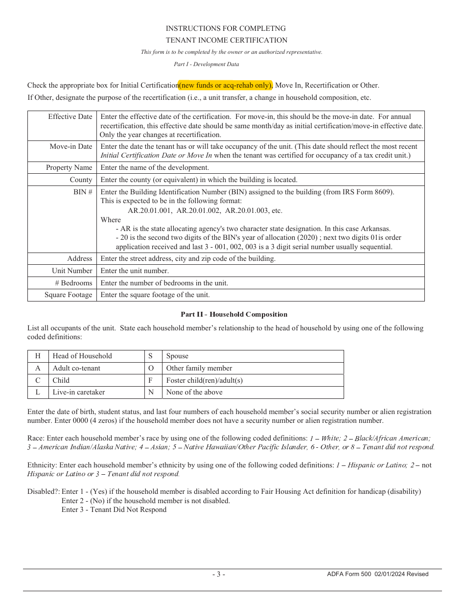 ADFA Form 500 Tenant Income Certification - Arkansas, Page 3