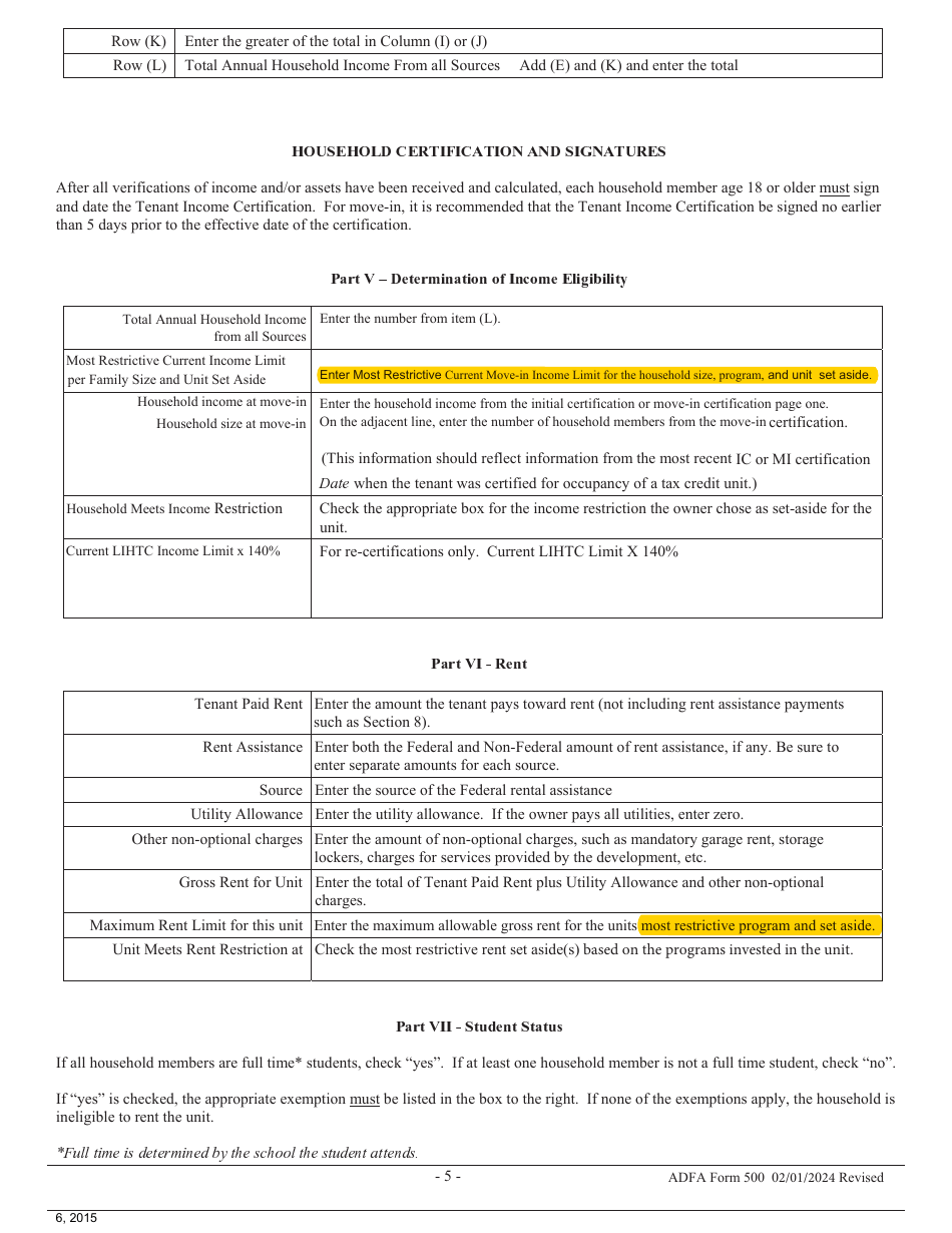 ADFA Form 500 Tenant Income Certification - Arkansas, Page 5