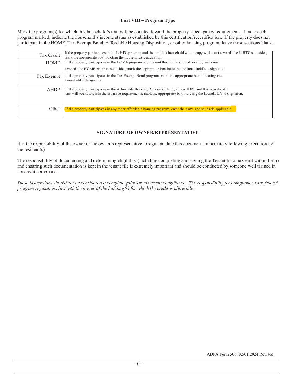ADFA Form 500 Tenant Income Certification - Arkansas, Page 6