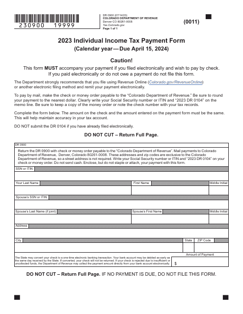 Form DR0900 Individual Income Tax Payment Form - Colorado, 2023