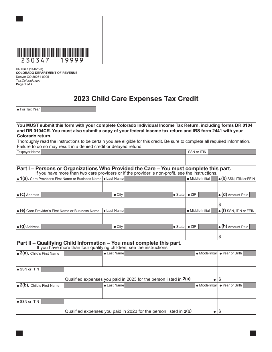 Form DR0347 Child Care Expenses Tax Credit - Colorado, Page 2