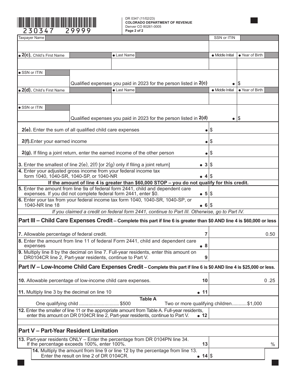 Form DR0347 Child Care Expenses Tax Credit - Colorado, Page 3