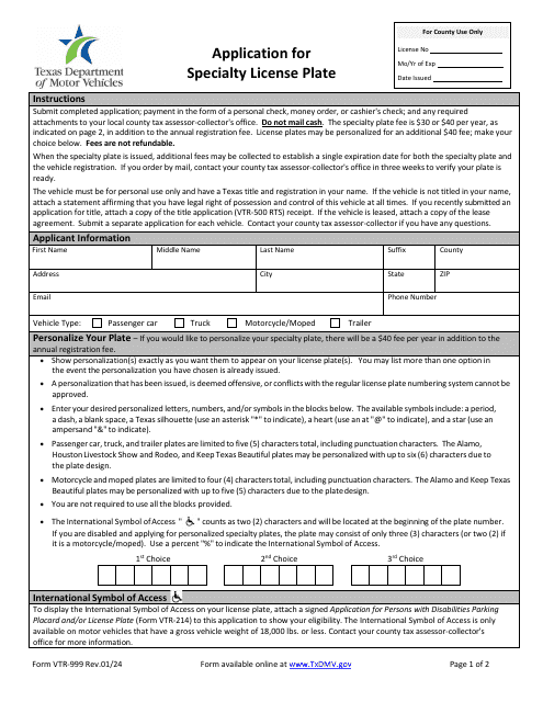 Form VTR-999 Application for Specialty License Plate - Texas