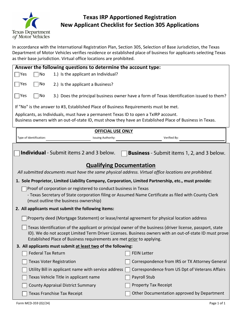 Form MCD-359 Texas Irp Apportioned Registration New Applicant Checklist for Section 305 Applications - Texas, Page 1