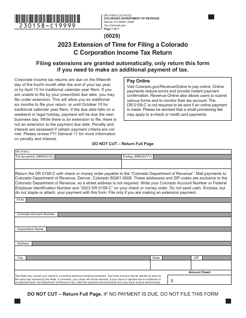 Form DR0158-C Extension of Time for Filing a Colorado C Corporation Income Tax Return - Colorado, 2023