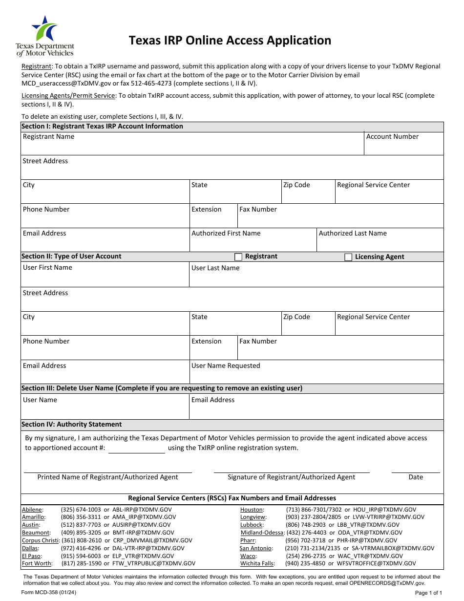 Form MCD-358 Texas Irp Online Access Application - Texas, Page 1