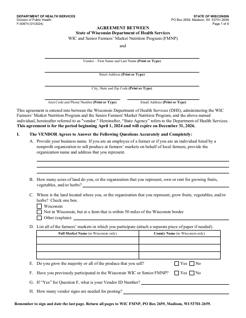 Form F-00974 Agreement Between State of Wisconsin Department of Health Services Wic and Senior Farmers' Market Nutrition Program (Fmnp) and Vendor - Wisconsin