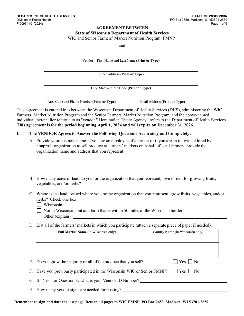 Form F-00974 Agreement Between State of Wisconsin Department of Health Services Wic and Senior Farmers Market Nutrition Program (Fmnp) and Vendor - Wisconsin, Page 1