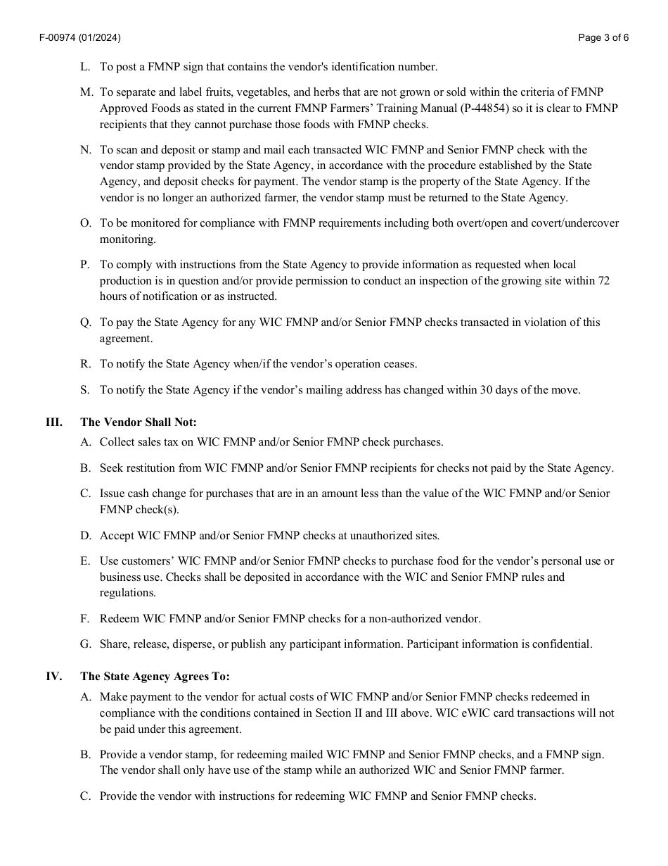Form F-00974 Agreement Between State of Wisconsin Department of Health Services Wic and Senior Farmers Market Nutrition Program (Fmnp) and Vendor - Wisconsin, Page 3