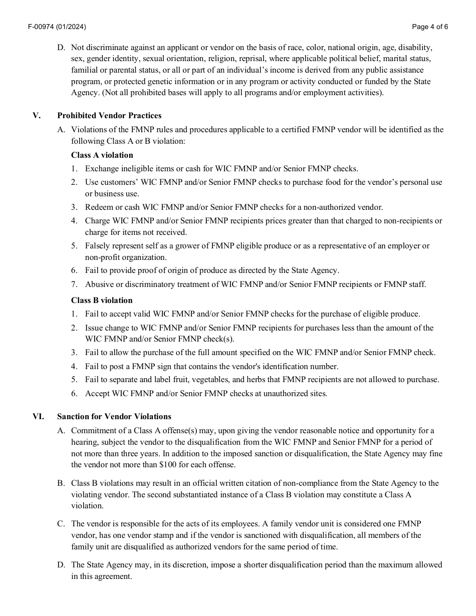 Form F-00974 Agreement Between State of Wisconsin Department of Health Services Wic and Senior Farmers Market Nutrition Program (Fmnp) and Vendor - Wisconsin, Page 4