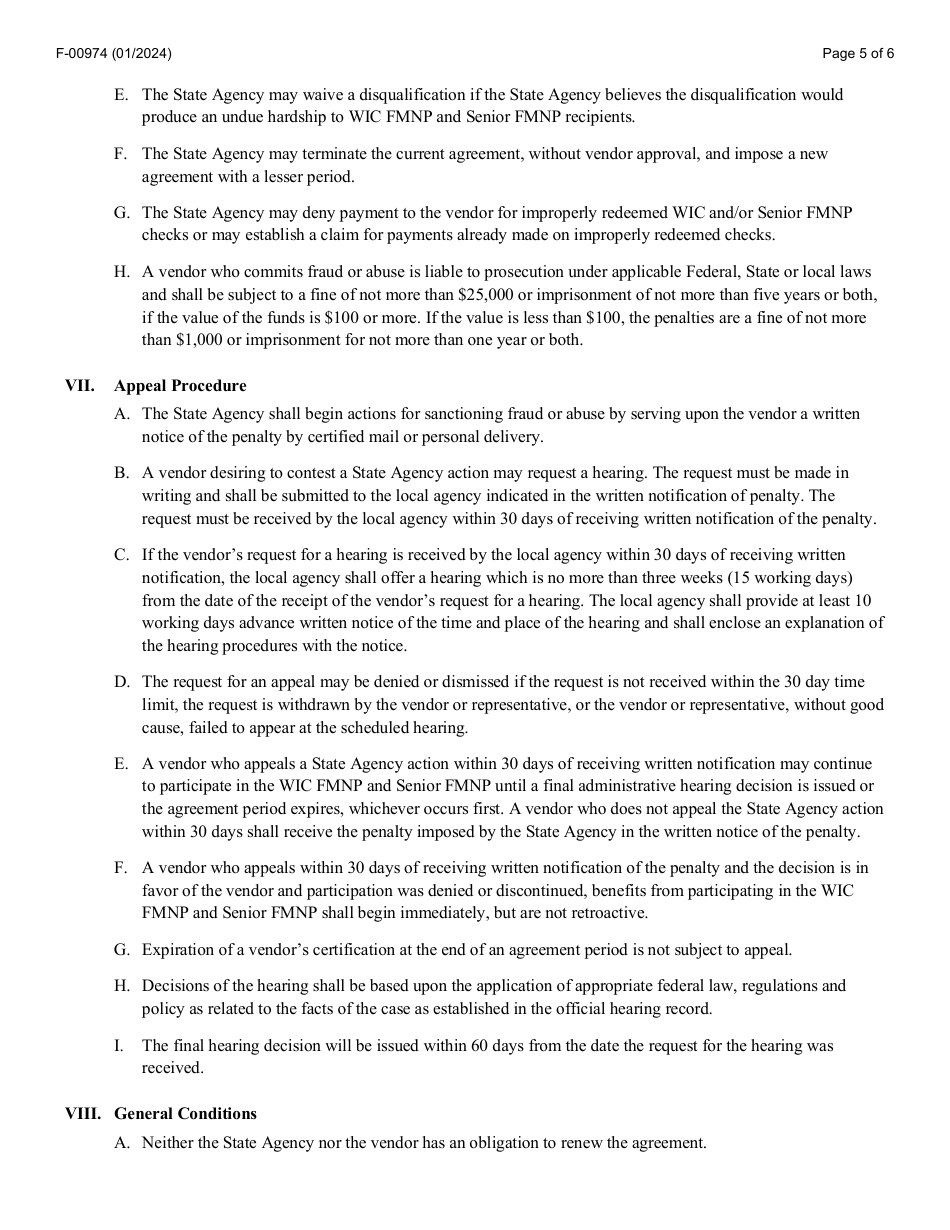 Form F-00974 Agreement Between State of Wisconsin Department of Health Services Wic and Senior Farmers Market Nutrition Program (Fmnp) and Vendor - Wisconsin, Page 5