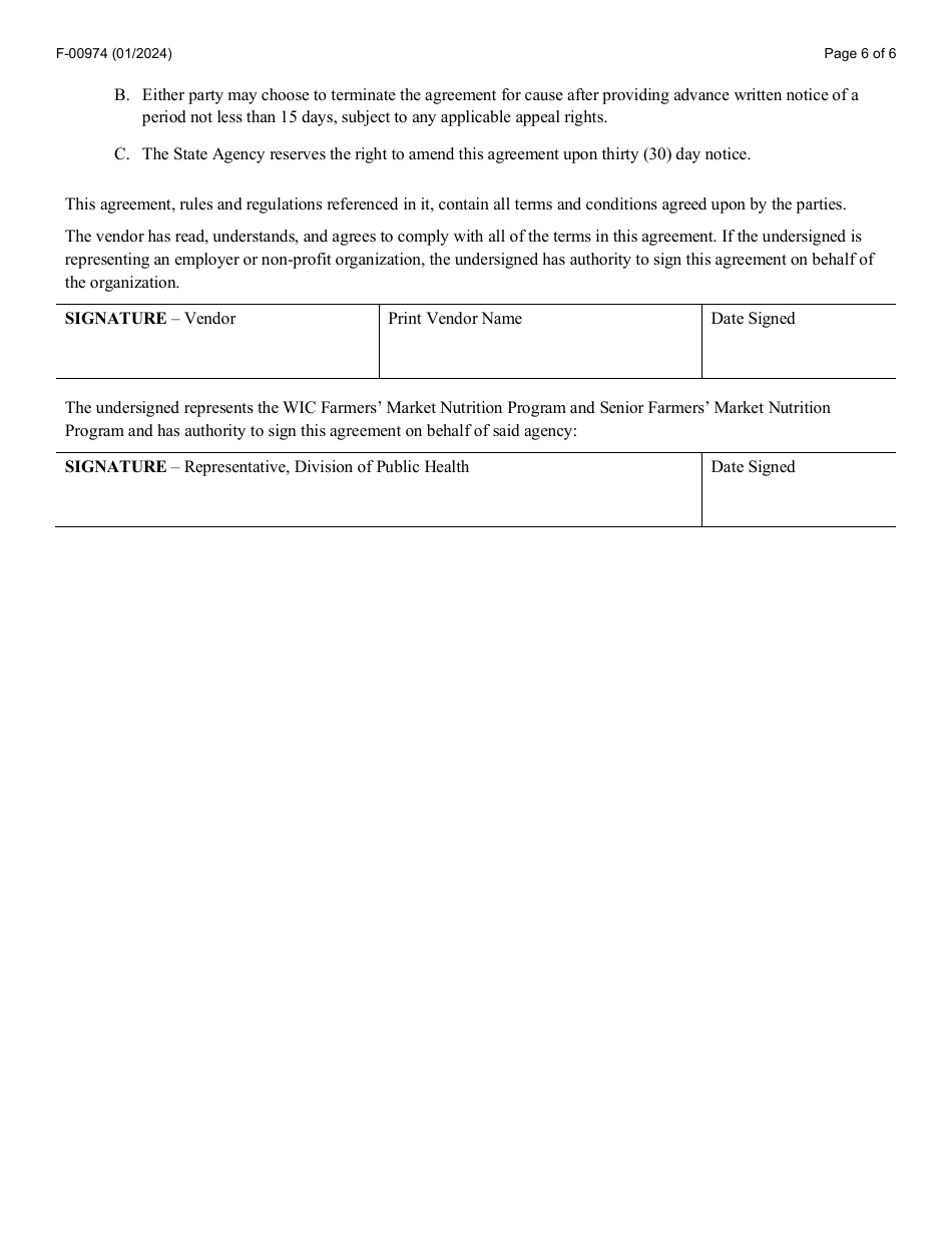 Form F-00974 Agreement Between State of Wisconsin Department of Health Services Wic and Senior Farmers Market Nutrition Program (Fmnp) and Vendor - Wisconsin, Page 6