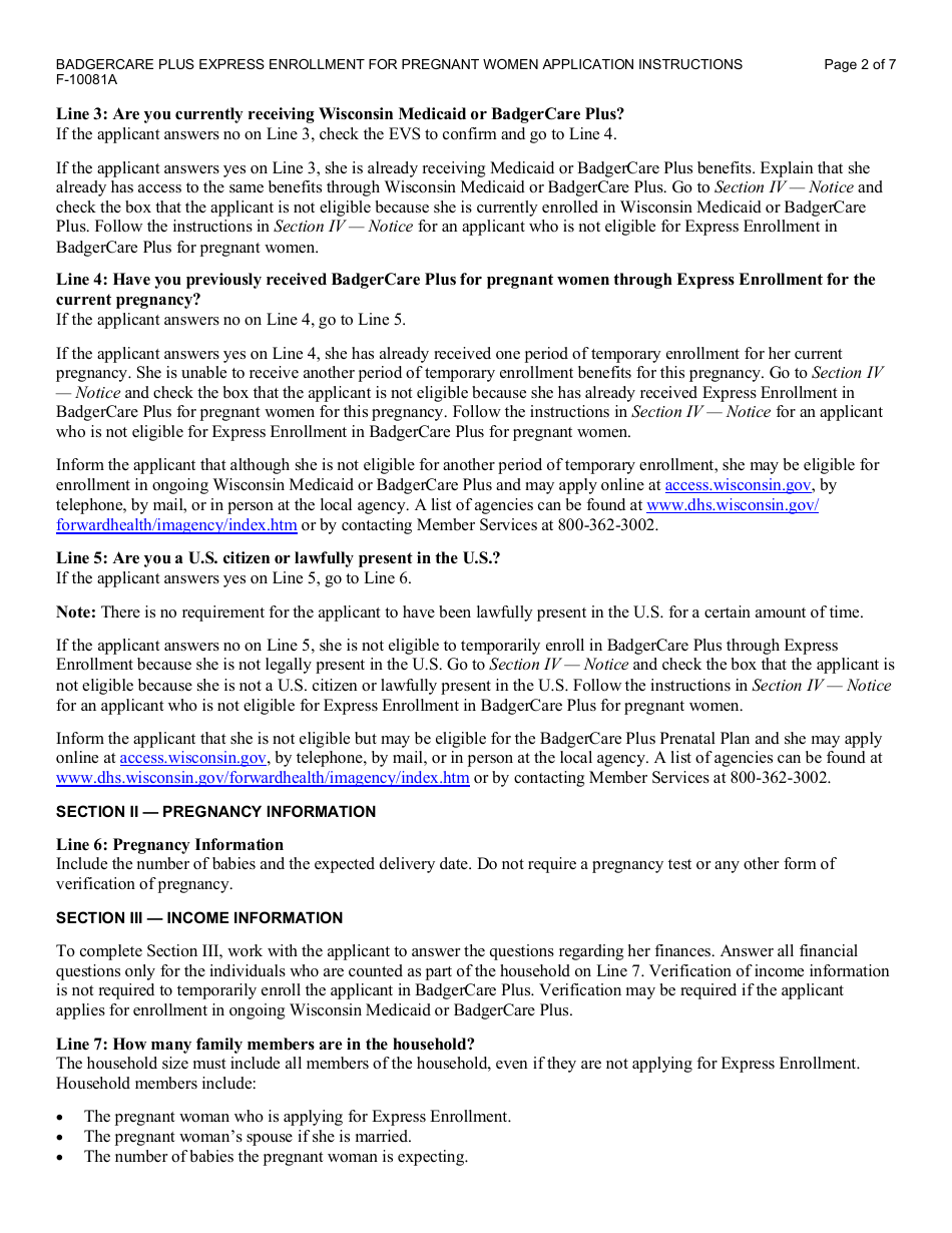 Instructions for Form F-10081 Badgercare Plus - Express Enrollment for Pregnant Women Application - Wisconsin, Page 2