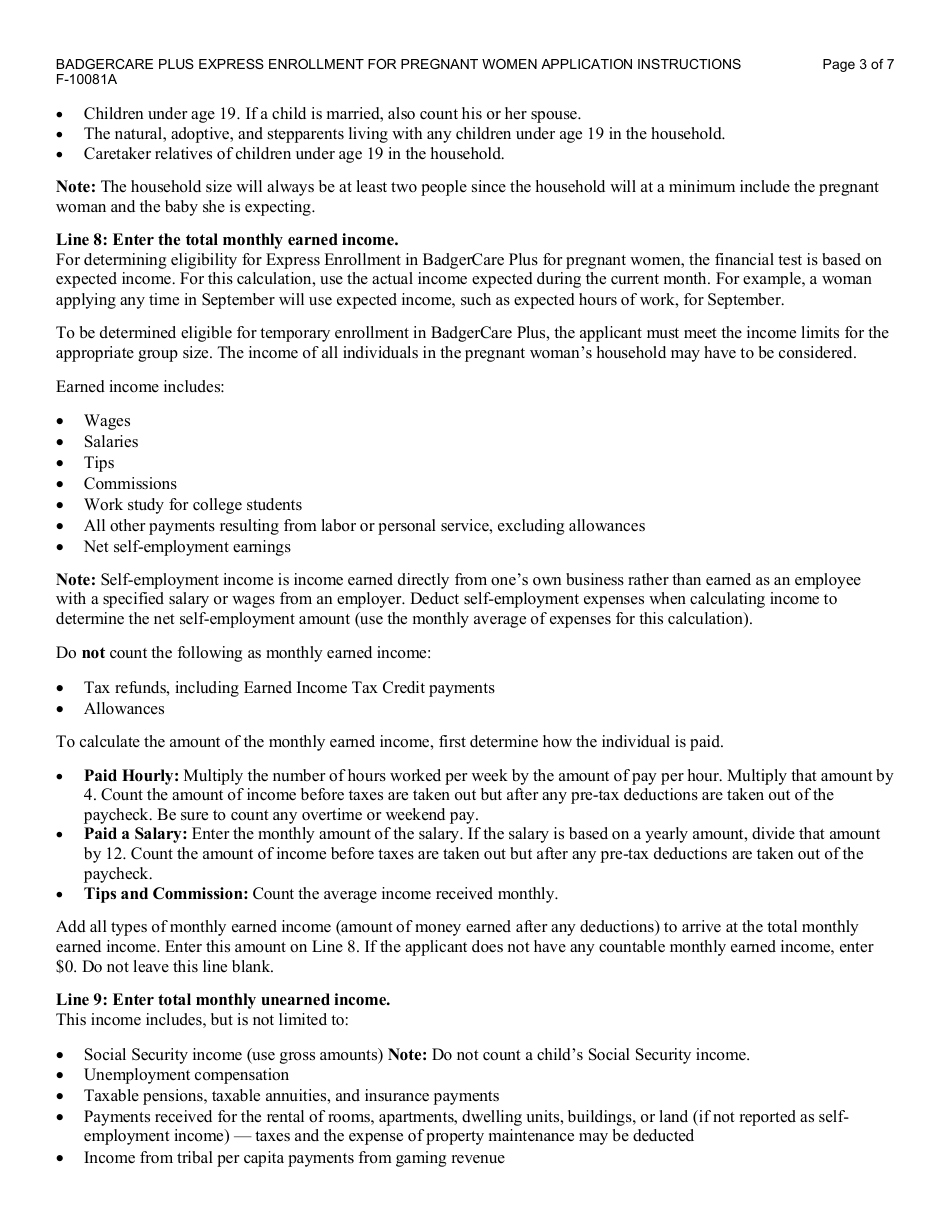 Instructions for Form F-10081 Badgercare Plus - Express Enrollment for Pregnant Women Application - Wisconsin, Page 3
