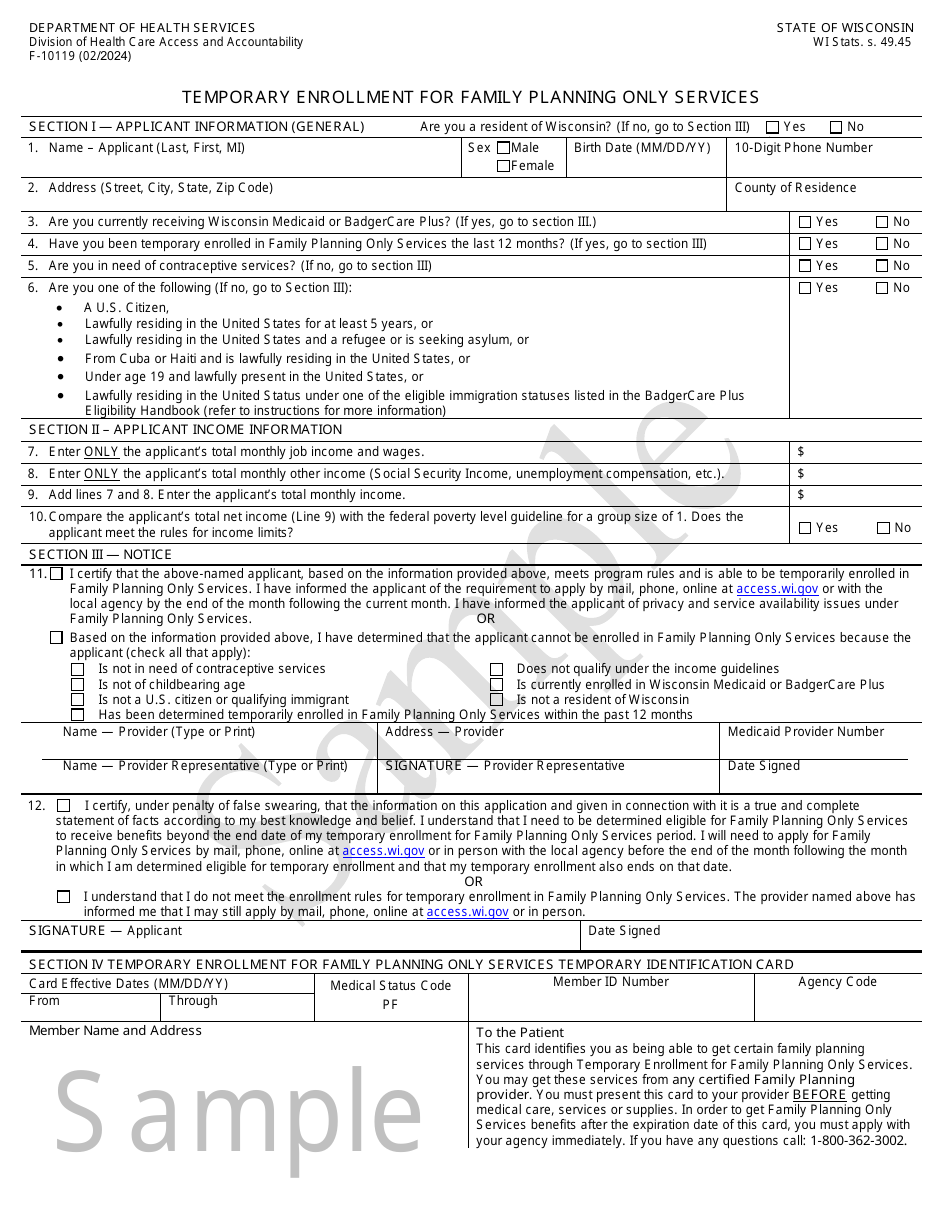 Form F-10119 Temporary Enrollment for Family Planning Only Services - Sample - Wisconsin, Page 1