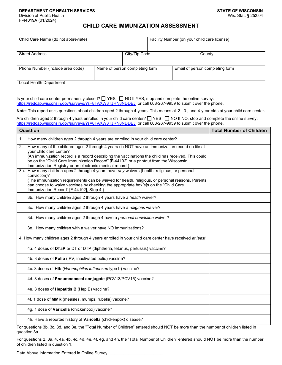 Form F-44019A Child Care Immunization Assessment - Wisconsin, Page 1