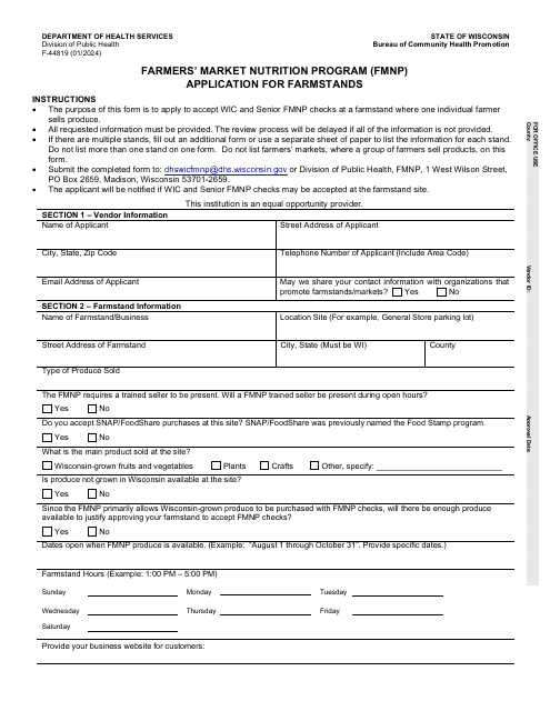 Form F-44819 Application for Farmstands - Farmers' Market Nutrition Program (Fmnp) - Wisconsin