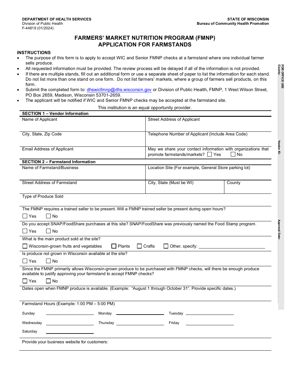 Form F-44819 Application for Farmstands - Farmers Market Nutrition Program (Fmnp) - Wisconsin, Page 1