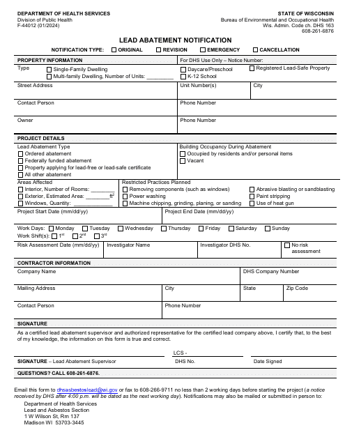 Form F-44012 Lead Abatement Notification - Wisconsin