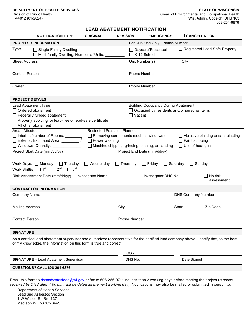 Form F-44012 Lead Abatement Notification - Wisconsin, Page 1