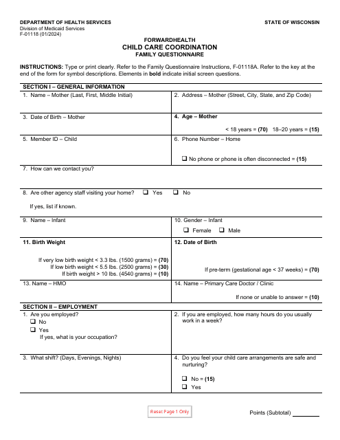 Form F-01118 Child Care Coordination Family Questionnaire - Wisconsin