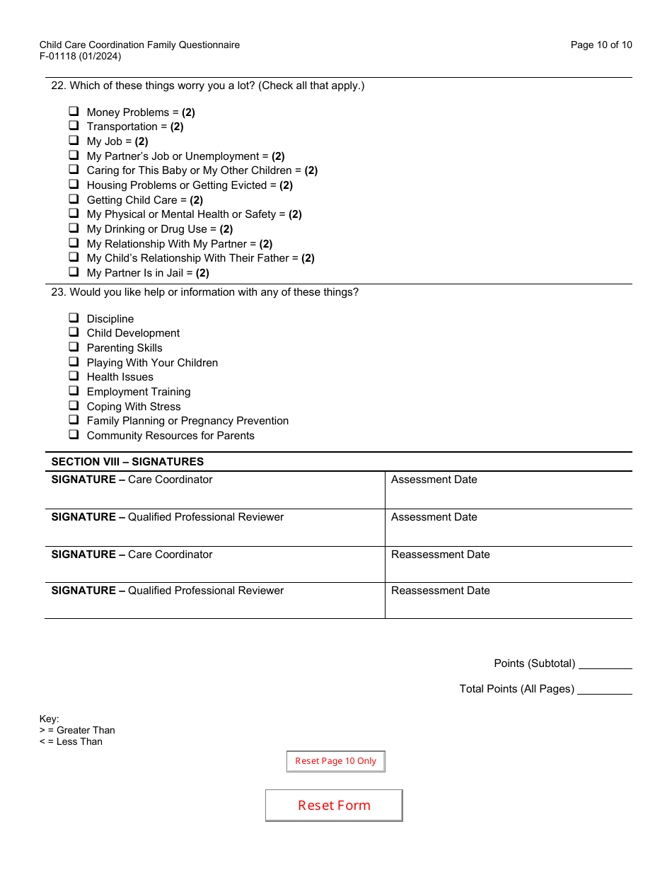 Form F-01118 Child Care Coordination Family Questionnaire - Wisconsin, Page 10