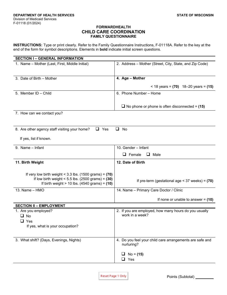 Form F-01118 Child Care Coordination Family Questionnaire - Wisconsin, Page 1