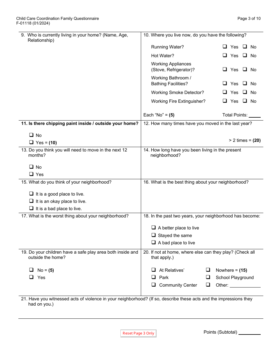Form F-01118 Child Care Coordination Family Questionnaire - Wisconsin, Page 3