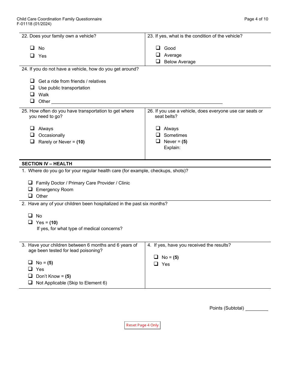 Form F-01118 Child Care Coordination Family Questionnaire - Wisconsin, Page 4