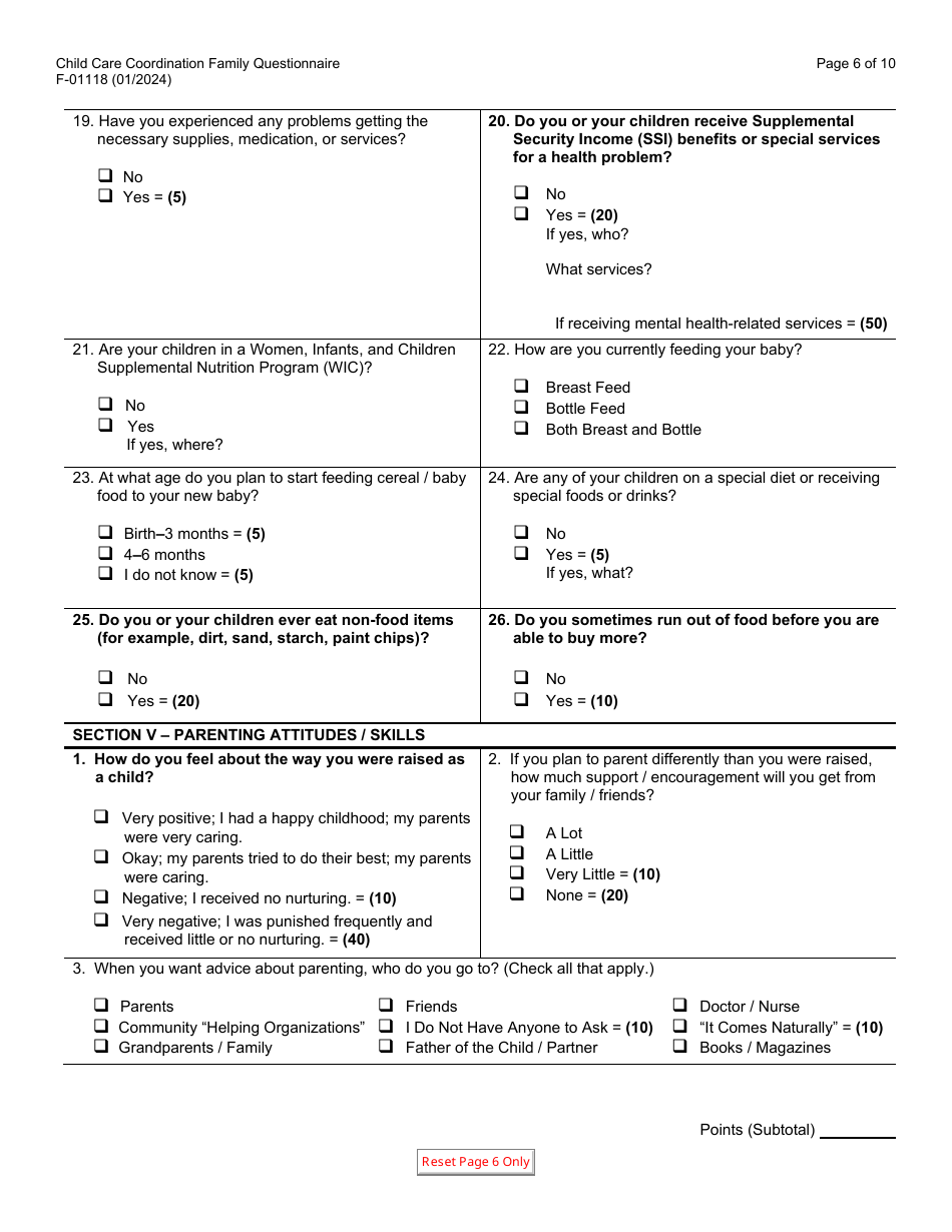 Form F-01118 Child Care Coordination Family Questionnaire - Wisconsin, Page 6