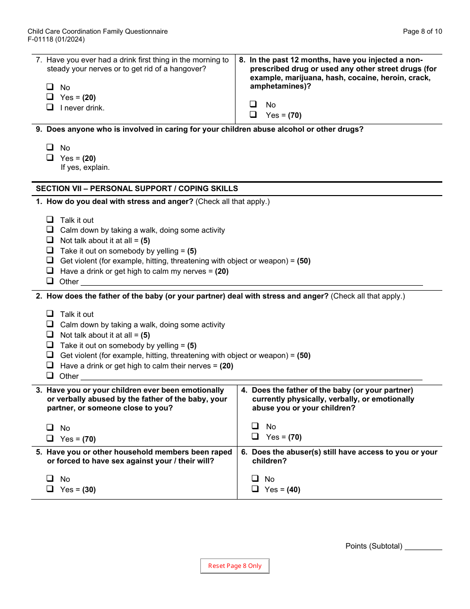 Form F-01118 Child Care Coordination Family Questionnaire - Wisconsin, Page 8