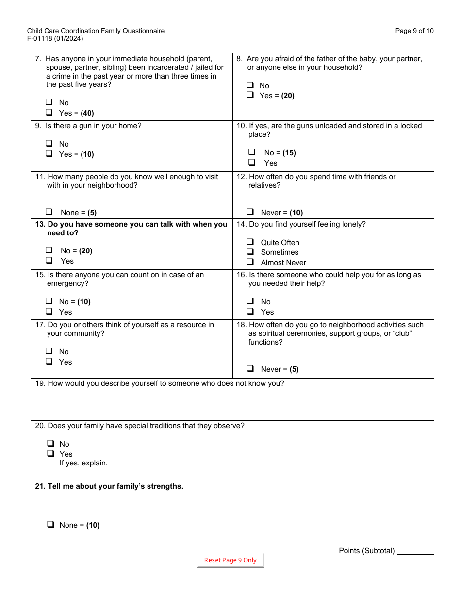 Form F-01118 Child Care Coordination Family Questionnaire - Wisconsin, Page 9