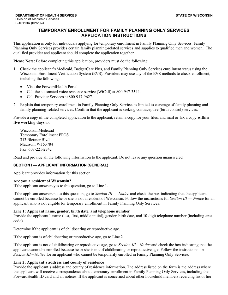 Instructions for Form F-10119 Temporary Enrollment for Family Planning Only Services - Wisconsin, Page 1