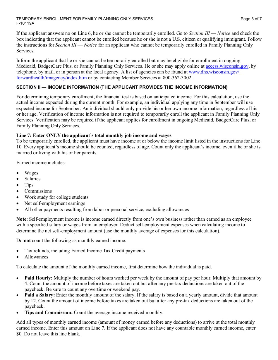Instructions for Form F-10119 Temporary Enrollment for Family Planning Only Services - Wisconsin, Page 3