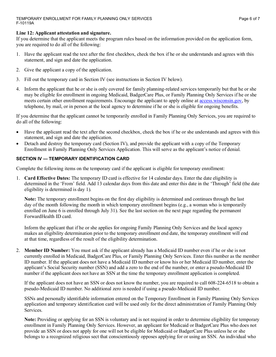 Instructions for Form F-10119 Temporary Enrollment for Family Planning Only Services - Wisconsin, Page 6