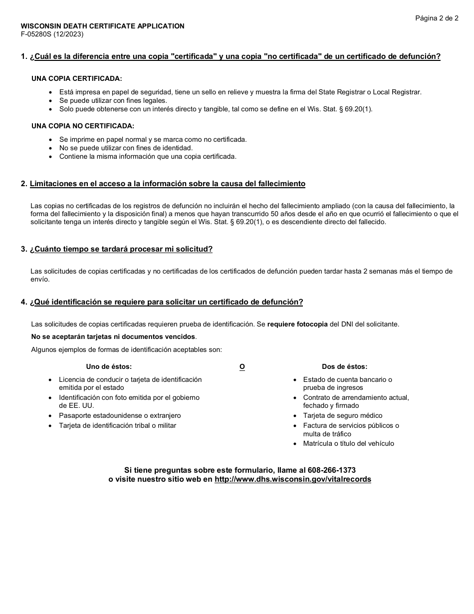 Formulario F-05280S Solicitud De Certificado De Defuncion De Wisconsin - Wisconsin (Spanish), Page 2