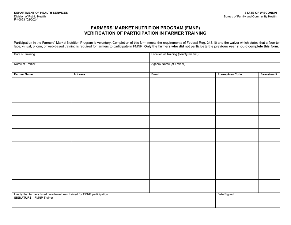 Form F-40053 Verification of Participation in Farmer Training - Farmers Market Nutrition Program (Fmnp) - Wisconsin, Page 1