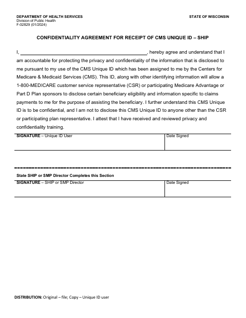 Form F-02829 Confidentiality Agreement for Receipt of Cms Unique ID - Ship - Wisconsin