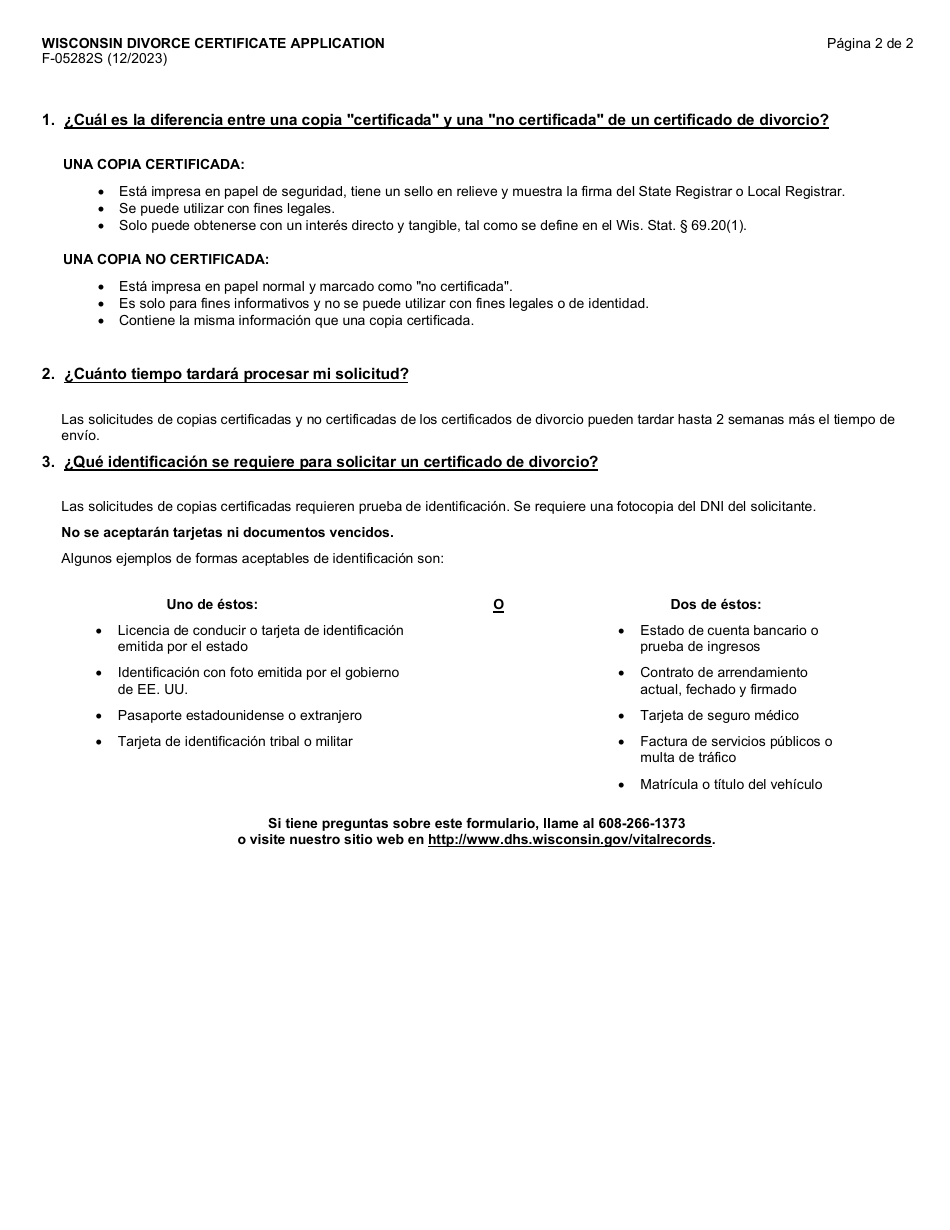 Formulario F-05282S Solicitud De Certificado De Divorcio En Wisconsin - Wisconsin (Spanish), Page 2