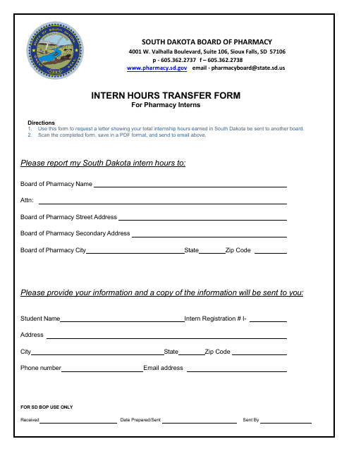 Intern Hours Transfer Form for Pharmacy Interns - South Dakota Download Pdf