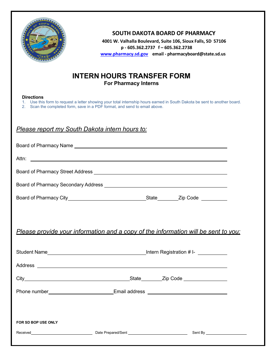 Intern Hours Transfer Form for Pharmacy Interns - South Dakota, Page 1