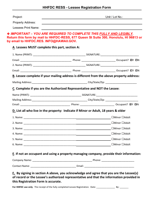 Hhfdc Ress - Lessee Registration Form - Hawaii Download Pdf