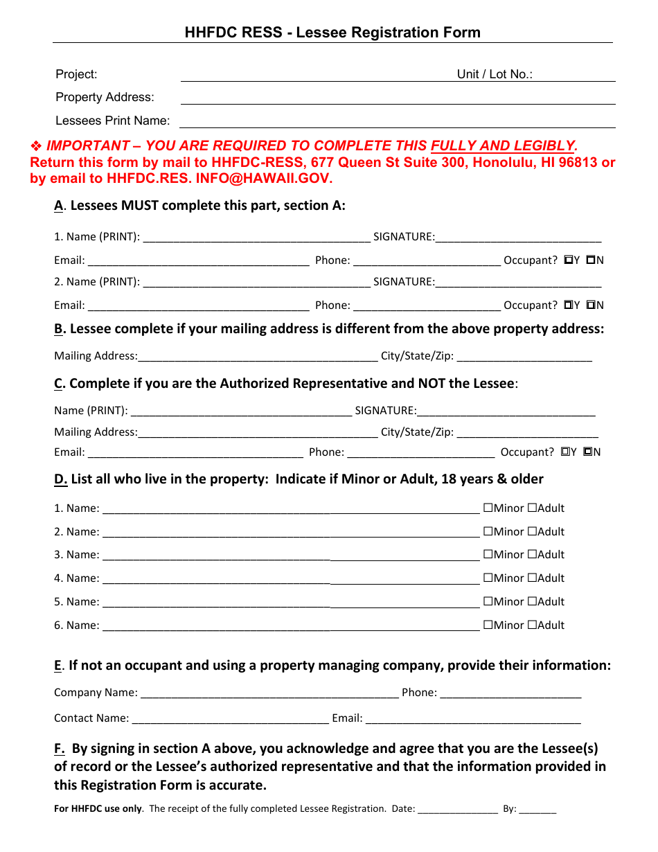 Hhfdc Ress - Lessee Registration Form - Hawaii, Page 1