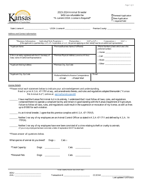 Animal Breeder License Application - Kansas, 2024